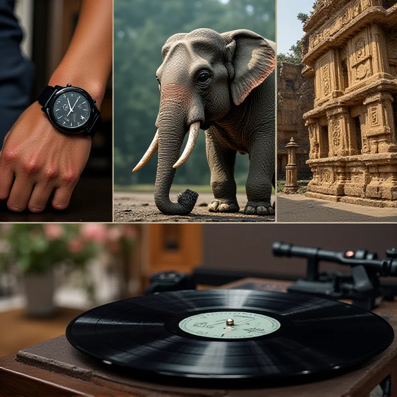 Collage of the three main topics: Smartwatch, Robotic Elephant, and Turntable