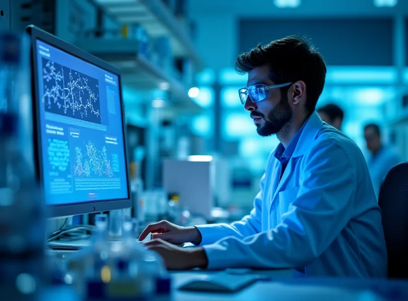 A scientist working in a modern molecular lab, examining data on a computer screen.