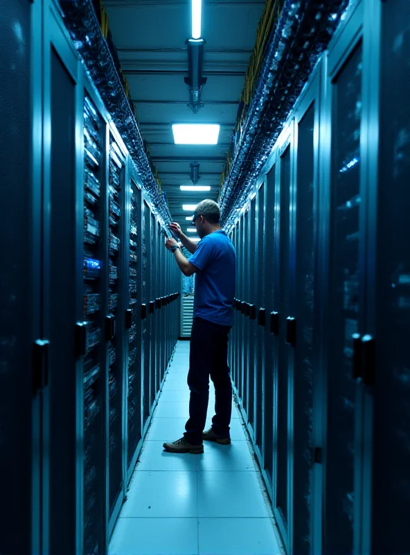 A network engineer configuring a SD-WAN system in a server room.