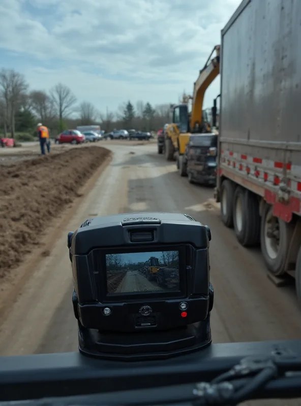 Close-up of a trailer backup camera mounted on the rear of a large truck, showing the wide-angle view of the area behind the vehicle.