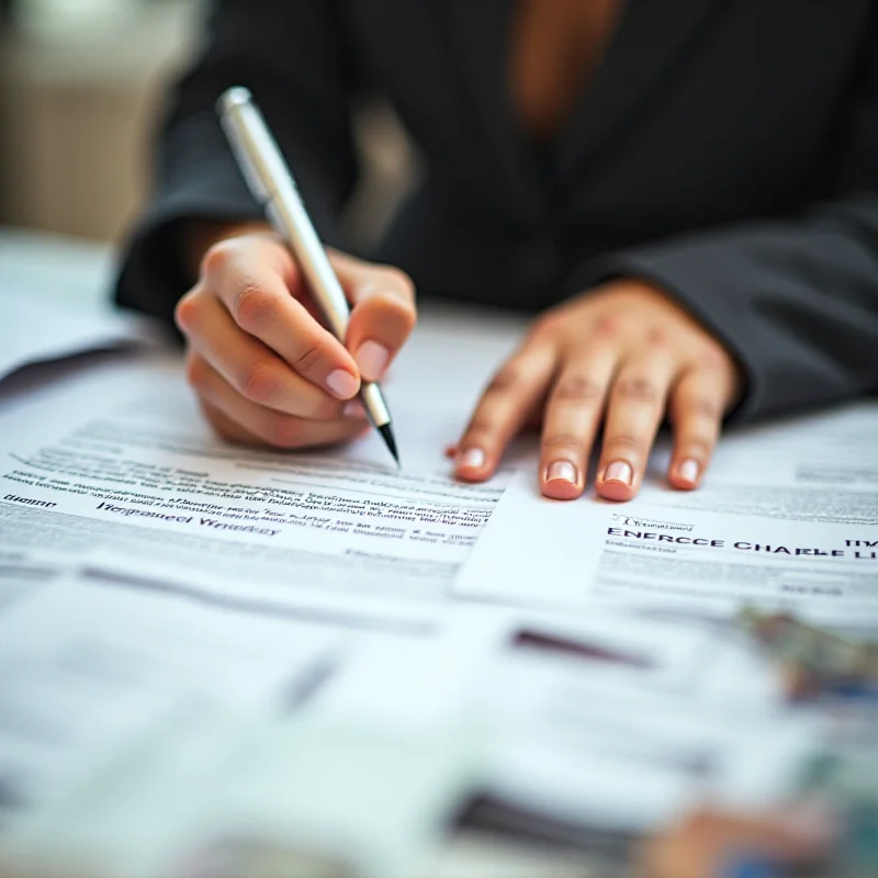 A person filling out a legal document with a pen, with various forms and identification cards scattered on the table.