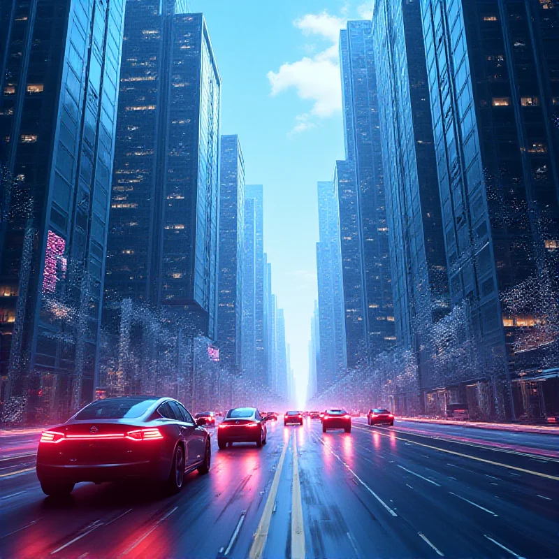 A futuristic cityscape with flying electric vehicles and blockchain data streams