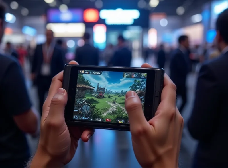 A person using a foldable gaming handheld device. The background shows the MWC convention floor.