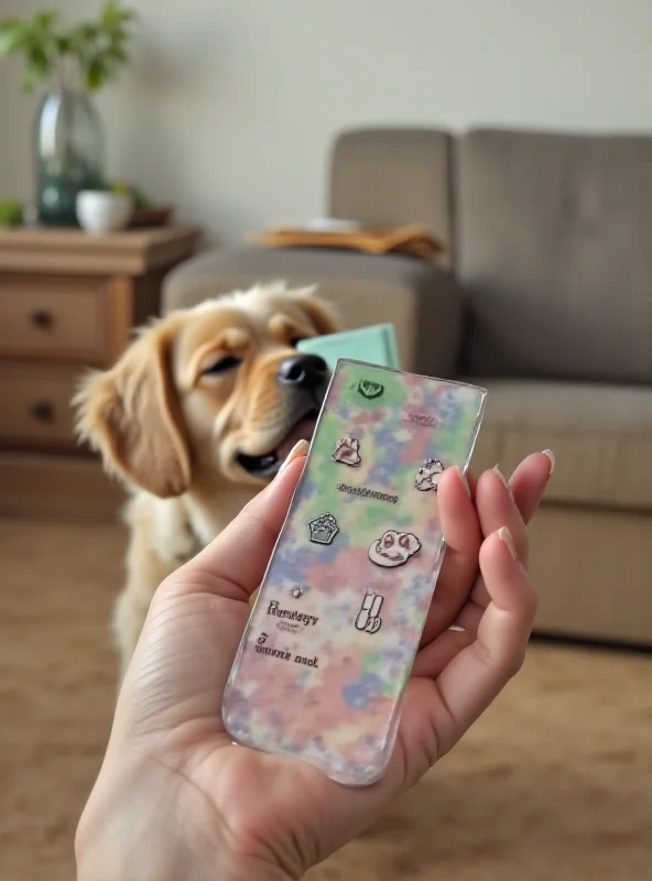 A small, colorful smartphone with a paw print design on the back, held by a human hand. A dog looks curiously at the phone.