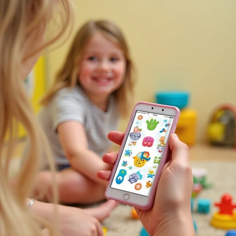 A parent showing a child a smartphone with a simplified user interface. The phone has large, easy-to-understand icons.