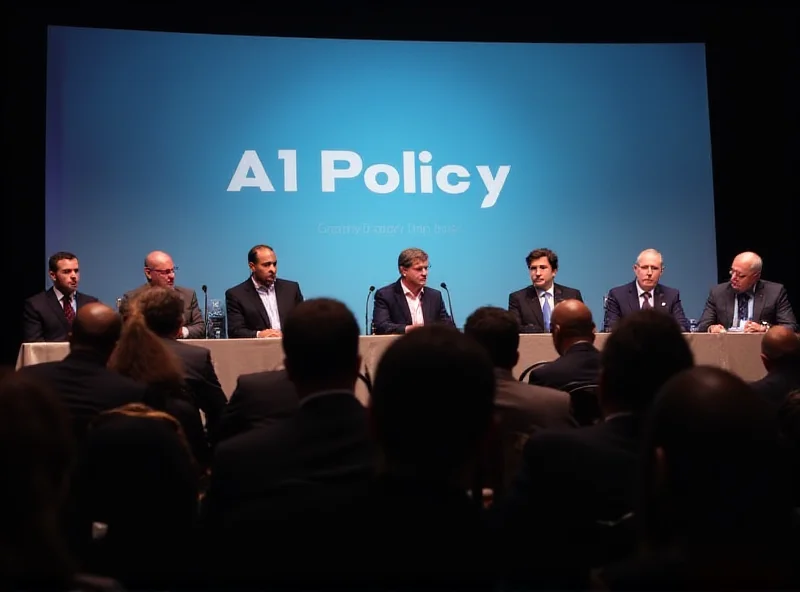 A panel discussion at a conference, with several people sitting at a table and speaking into microphones. The backdrop features a large screen with the words 'AI Policy' on it.