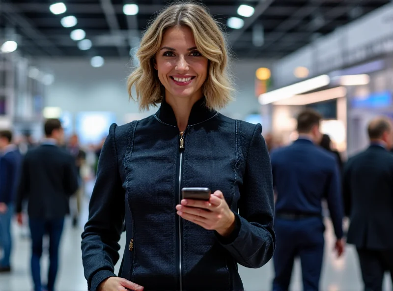 Person wearing a futuristic solar-powered jacket while holding a phone