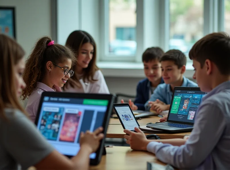 Students using AI powered learning platforms on tablets and laptops in a modern classroom setting.