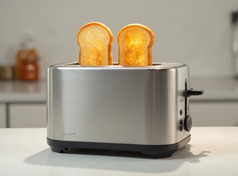 A sleek, modern vertical toaster toasting two slices of bread to a golden brown. The toaster is made of brushed stainless steel and has a minimalist design.