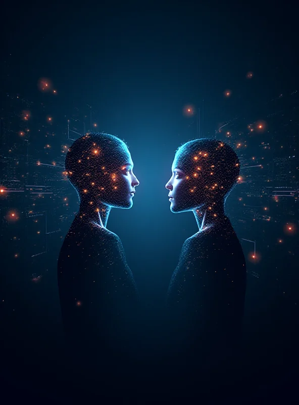 A futuristic depiction of two AI agents, represented as glowing digital orbs, communicating with each other using a series of beeps and boops. The background is a complex network of data streams and code.