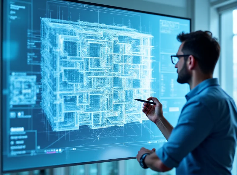 An architect working on a BIM model on a large computer screen. The screen displays a 3D rendering of a building with various layers of information overlaid, showing the building's structure, systems, and materials.