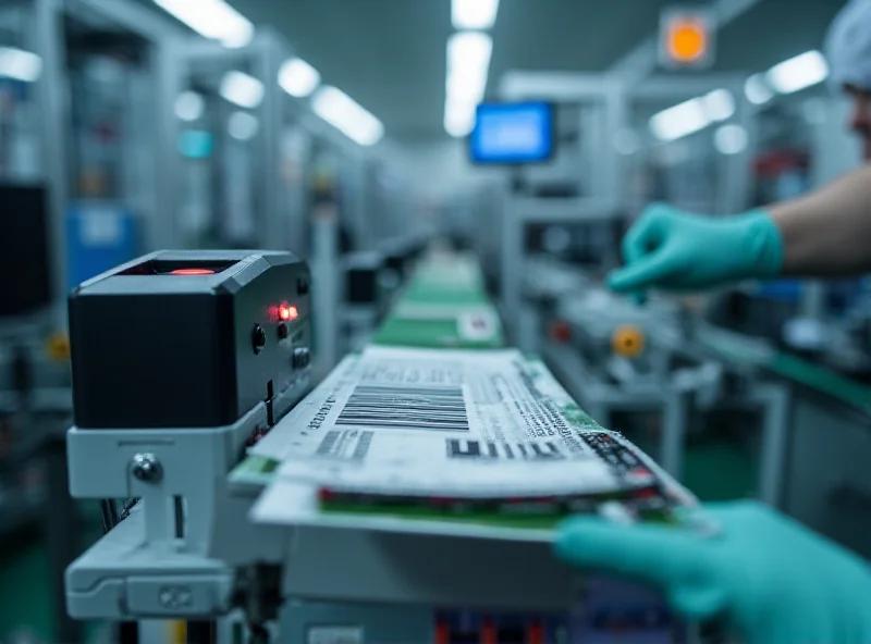 Close-up of a coding and marking machine applying a barcode to a product with conveyor belt in the background.