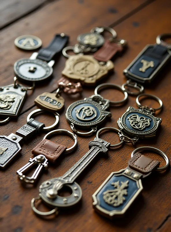 A collection of custom keychains with various designs and colors, arranged on a wooden surface.