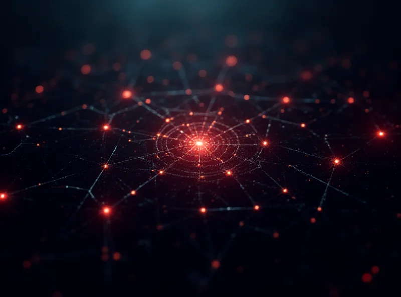 Abstract representation of cyber security threats, showing network connections and data breaches.