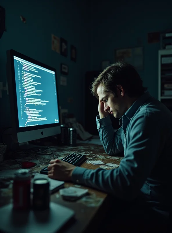 A stressed out worker sitting at a desk with a computer screen showing lines of code, surrounded by empty coffee cups, symbolizing burnout from working long hours.