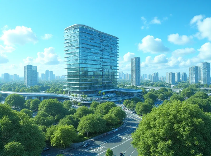 A futuristic cityscape with the Microsoft logo prominently displayed on a skyscraper, symbolizing Microsoft's contribution to Ireland's economy.