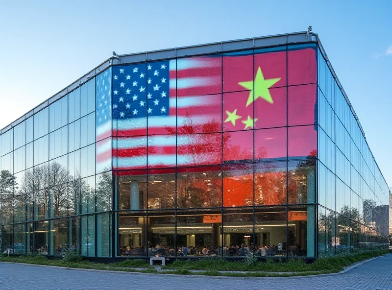 Photo of the ASML headquarters in the Netherlands, with the Chinese and American flags subtly reflected in the glass windows.