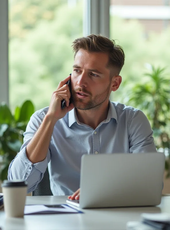 A person doing neck stretches at their desk while taking a break from their phone.