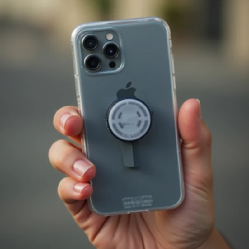 A close-up of a hand holding a phone with a pop socket/grip attached.