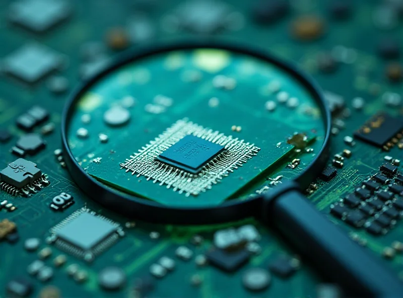 Illustration of computer chips with a magnifying glass focused on them.