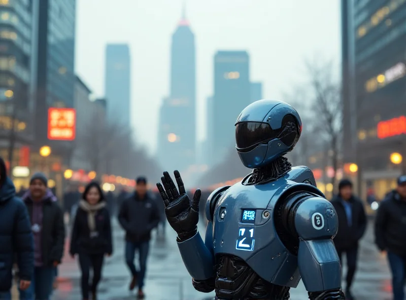 Humanoid robot patrolling a street in China, interacting with people.