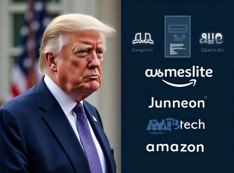 A split image showing Donald Trump on one side and various tech logos (Apple, Google, Amazon, OpenAI) on the other, symbolizing the connection between his administration and the tech industry.