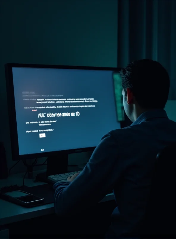 A worried person looking at a computer screen displaying a suspicious login prompt.