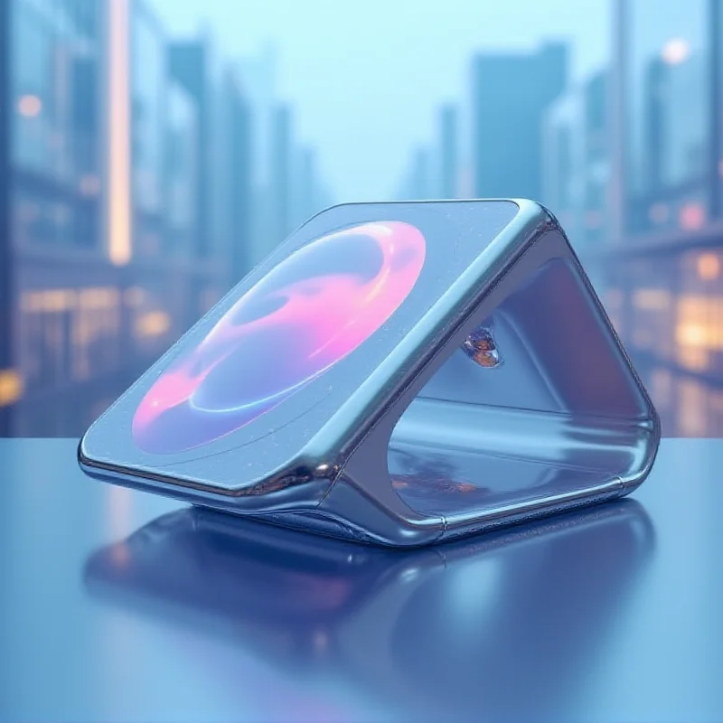 A sleek, futuristic rendering of a foldable iPhone, shown in both its folded and unfolded states, with a high-resolution display and minimalist design.