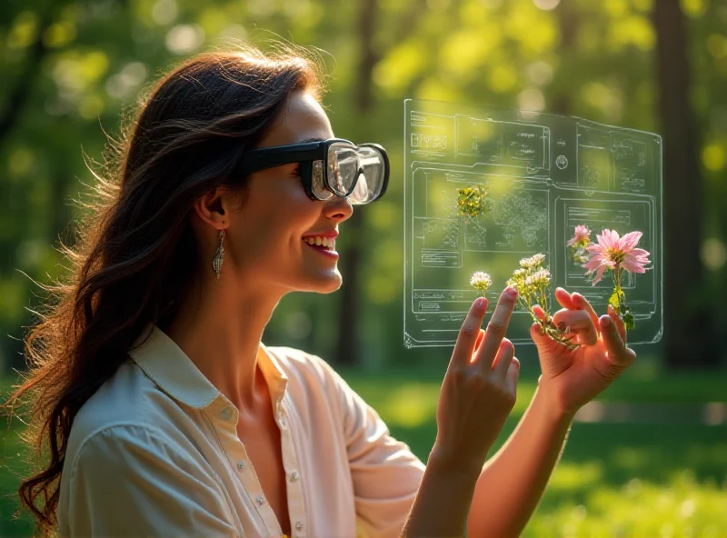 Concept art of Project Astra user interacting with a futuristic interface overlayed on their real-world view through smart glasses.