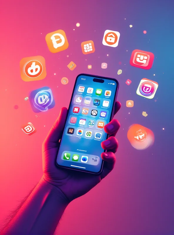 Illustration of an iPhone being held with app store icons floating around it.