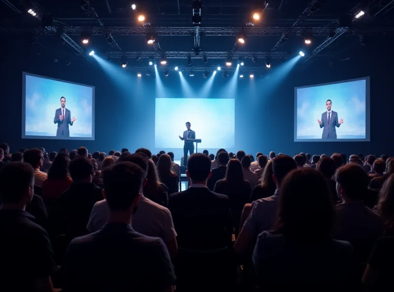 A modern conference hall filled with attendees listening to a speaker on stage.