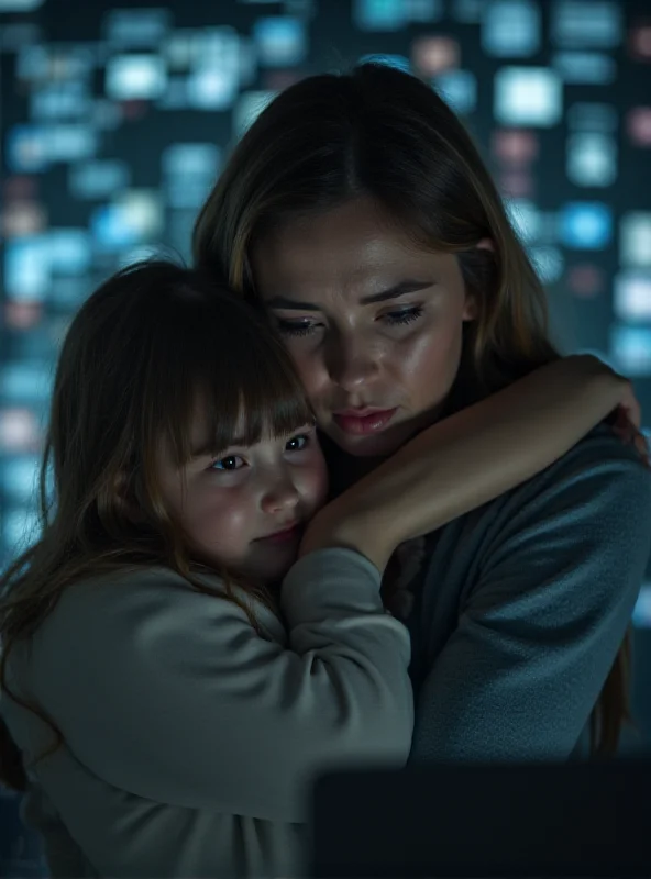 A distraught woman is comforted by her young child, with a blurred background representing the online world.