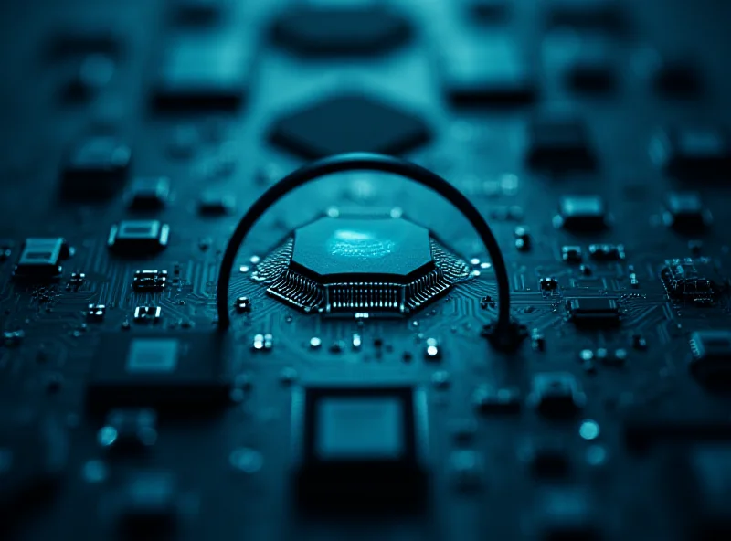 Conceptual image of AI chips and a magnifying glass representing the investigation into DeepSeek.