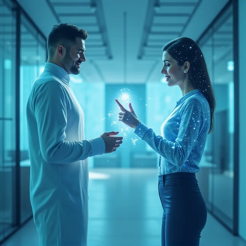 A person interacting with a holographic AI assistant, illustrating the potential future of AI voice technology.