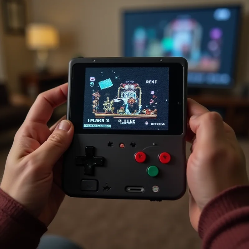 A handheld gaming device displaying a retro game.