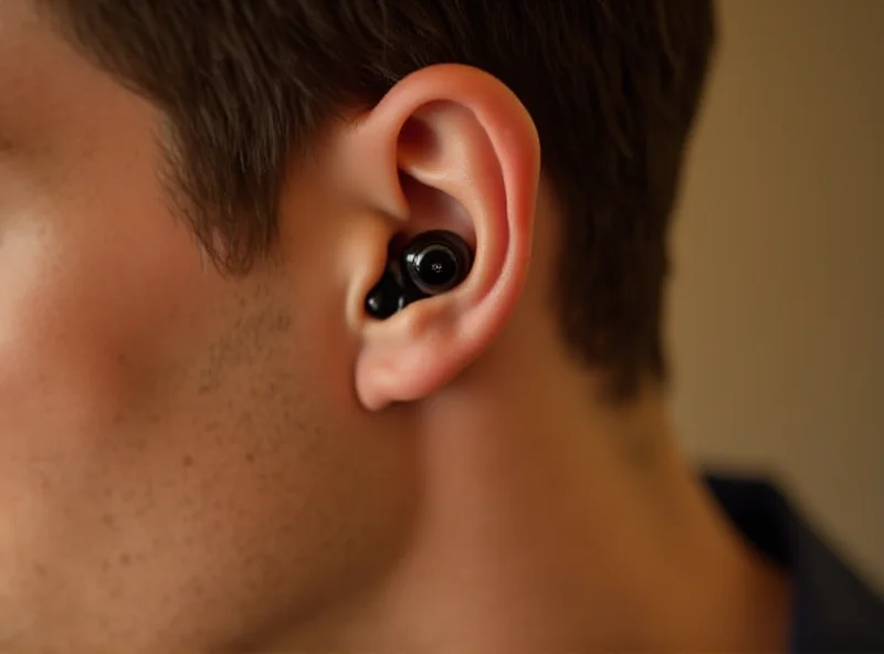 Close-up of a person wearing Samsung Galaxy Buds FE 2 earbuds, focusing on the sleek design and comfortable fit. The background is blurred to highlight the product.