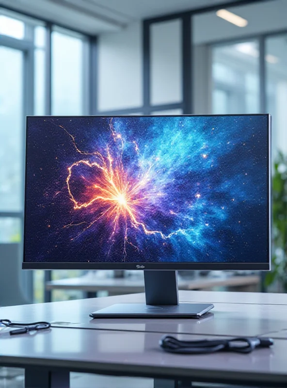 An attractive OLED monitor displaying vibrant colors and sharp image clarity. The monitor is placed on a desk in a modern, minimalist office setting. The scene is well-lit and showcases the monitor's sleek design.