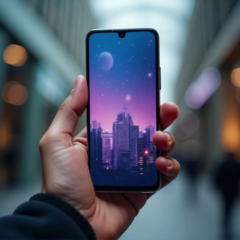 A hand holding up a sleek smartphone, showcasing the Samsung Galaxy A56 with its vibrant display. The background is blurred, focusing attention on the phone's design and screen. The setting is a modern, urban environment, suggesting a tech-savvy user.