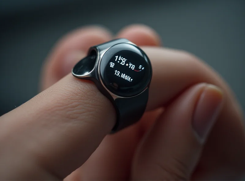 Close-up of a sleek, futuristic Galaxy Ring on a finger, displaying a temperature reading on a small embedded screen.