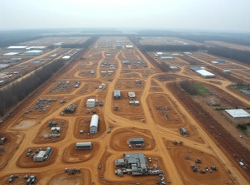 An aerial view of a large construction site, representing Intel's Ohio chip plant, with visible construction equipment and ongoing work.