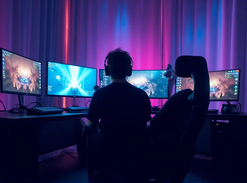 A gamer playing a video game on a high-end PC with multiple monitors