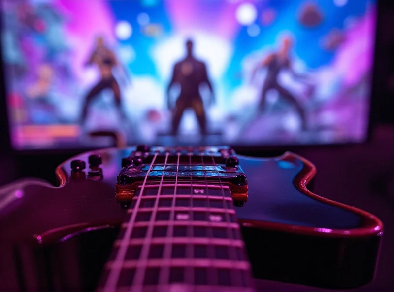 A close-up shot of a Gibson Les Paul guitar controller, highlighting its colored frets and whammy bar, set against a backdrop of a gamer passionately playing Fortnite Festival.