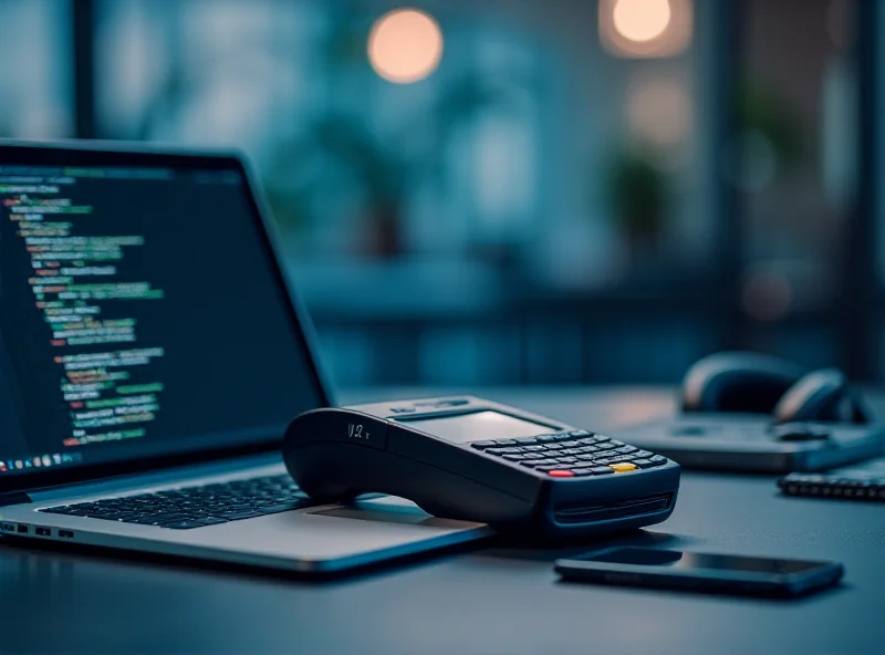 UTP Max wireless card machine on a desk with a laptop showing code and other tech-related items around.