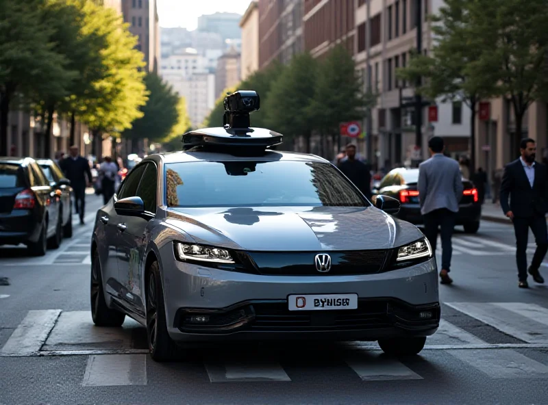 An Uber self-driving car navigating a city street with pedestrians and other vehicles.