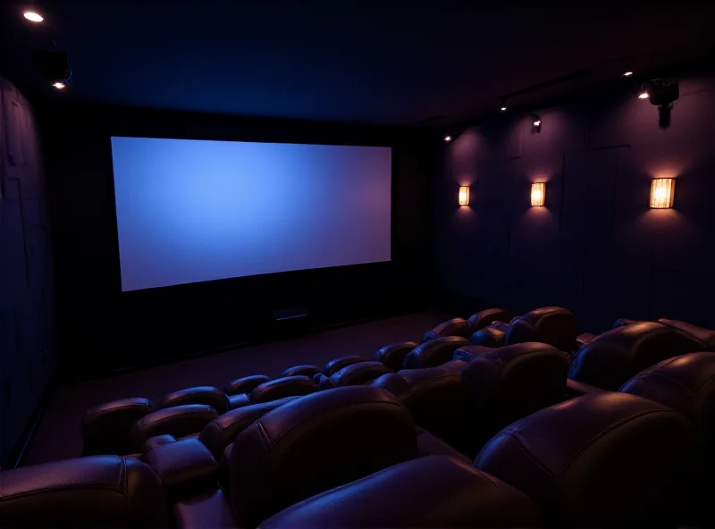 A luxurious home theater setup with a large screen, comfortable seating, and ambient lighting.