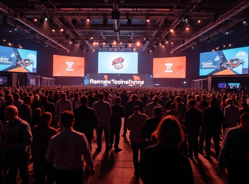 A wide shot of a tech conference with people mingling and a basketball theme.