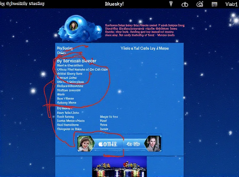 Screenshot of a Bluesky profile with a MySpace-inspired design, including a custom background and embedded music player.