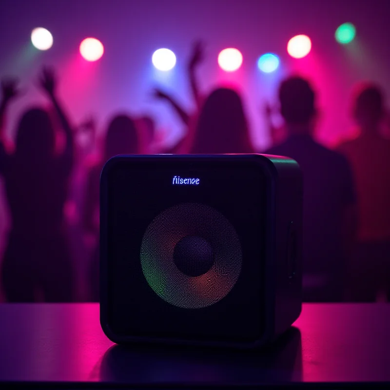 A Hisense HP100 Party Rocker speaker sitting on a table with colorful lights flashing. People are dancing in the background.