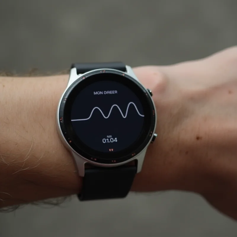 A Google Pixel Watch 3 on a wrist, displaying a graph showing heart rate data. The background is blurred, focusing on the watch screen.