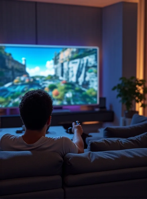 A gamer happily playing a PS5 game on a large screen TV in a modern living room